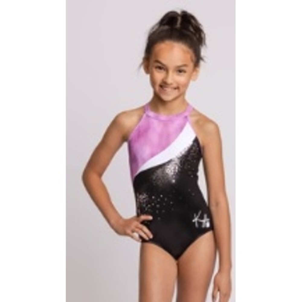 Kyla Ross Sylvia P Girls Gymnastics Leotard Purple Black Sequin High Neck Halter